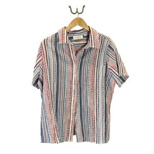 Breckenridge Woman Red Blue Striped Seersucker Button Down Tee 1X Americana